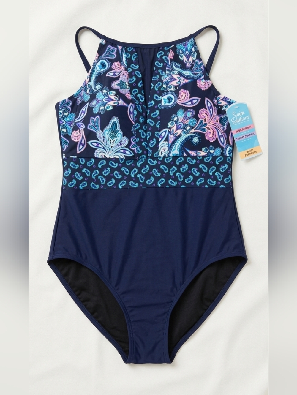 Swim Solutions Navy One-Piece with Pink & Aqua Paisley